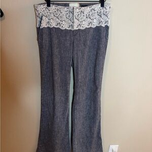 Anthropologie Elevenses Lace Waist Chambray Flare Pants Size 8